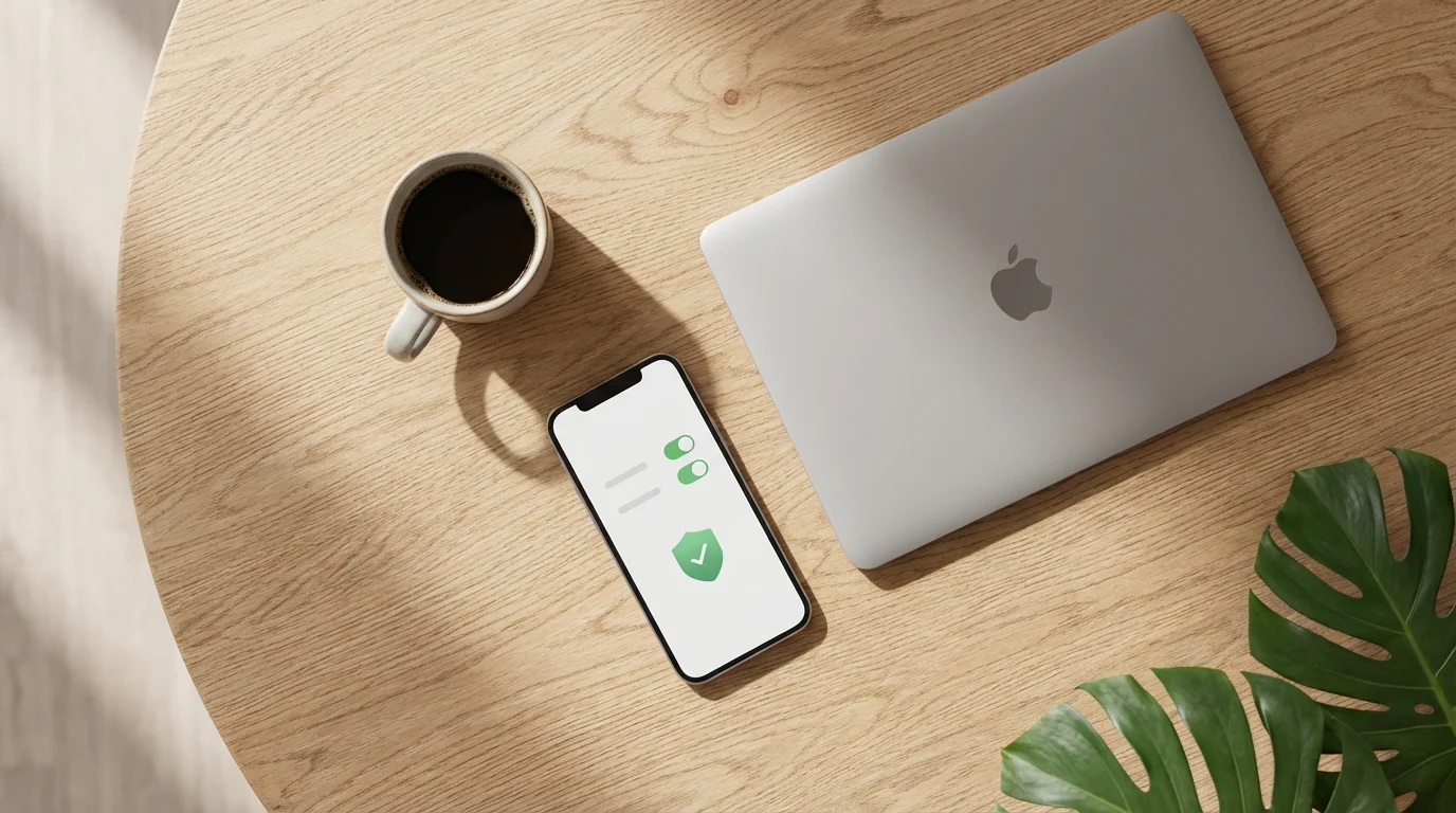Flat lay of smartphone displaying privacy toggle switches on a wooden desk workspace.