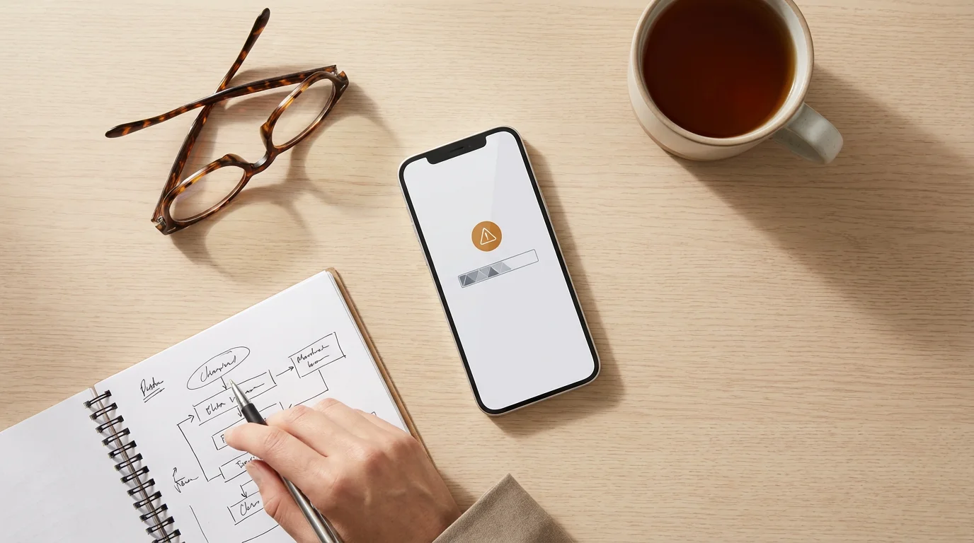 Flat lay of smartphone, glasses, and notepad on a desk during a tech troubleshooting session.