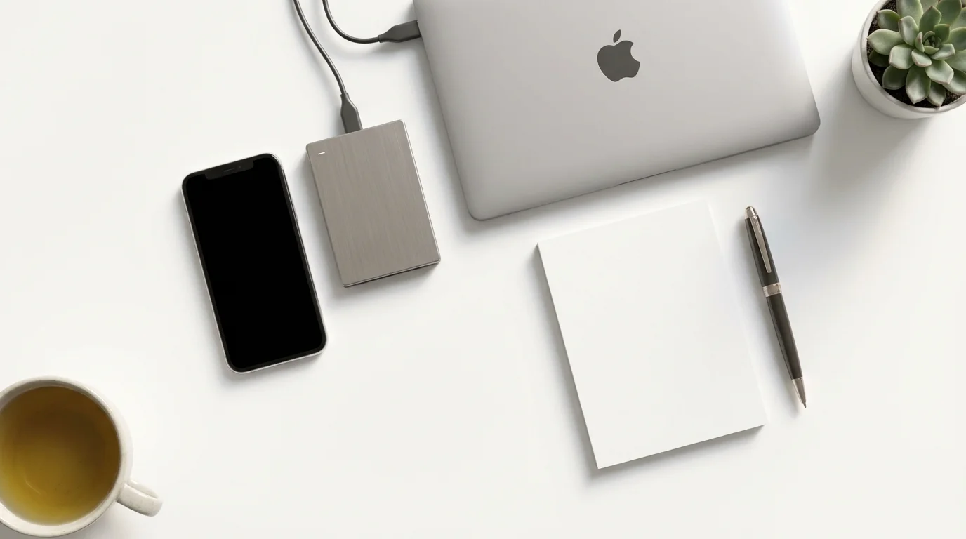 Flat lay of smartphone, hard drive, and blank notepad on white desk for tech support.