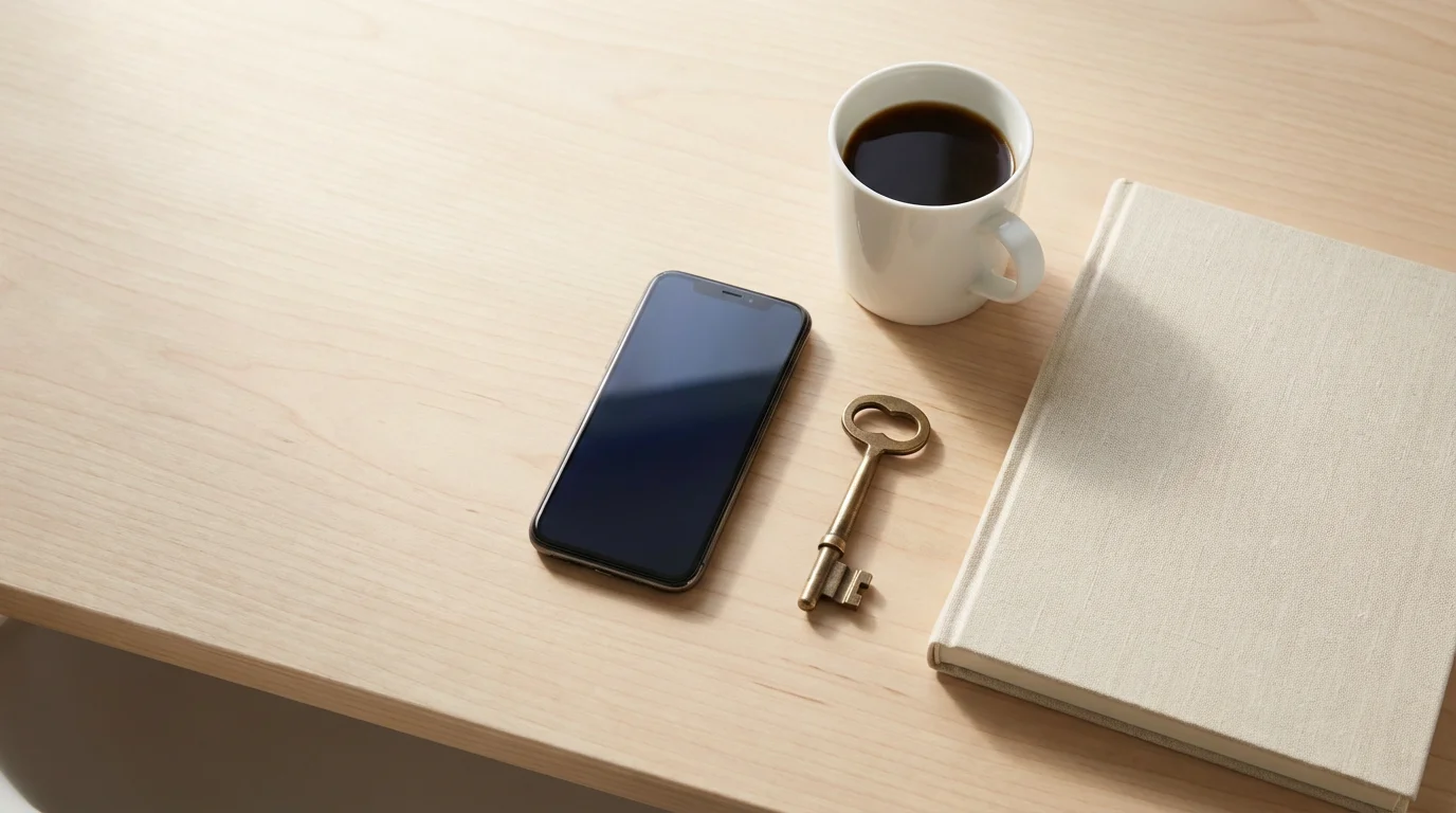 Flat lay of smartphone, key, and coffee on a wooden desk in soft morning light.