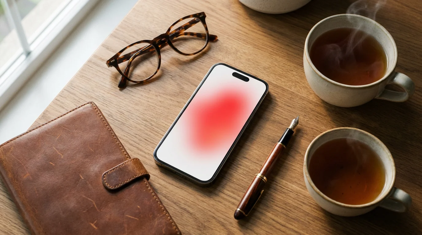 Flat lay of smartphone with abstract red warning screen on desk with reading glasses.