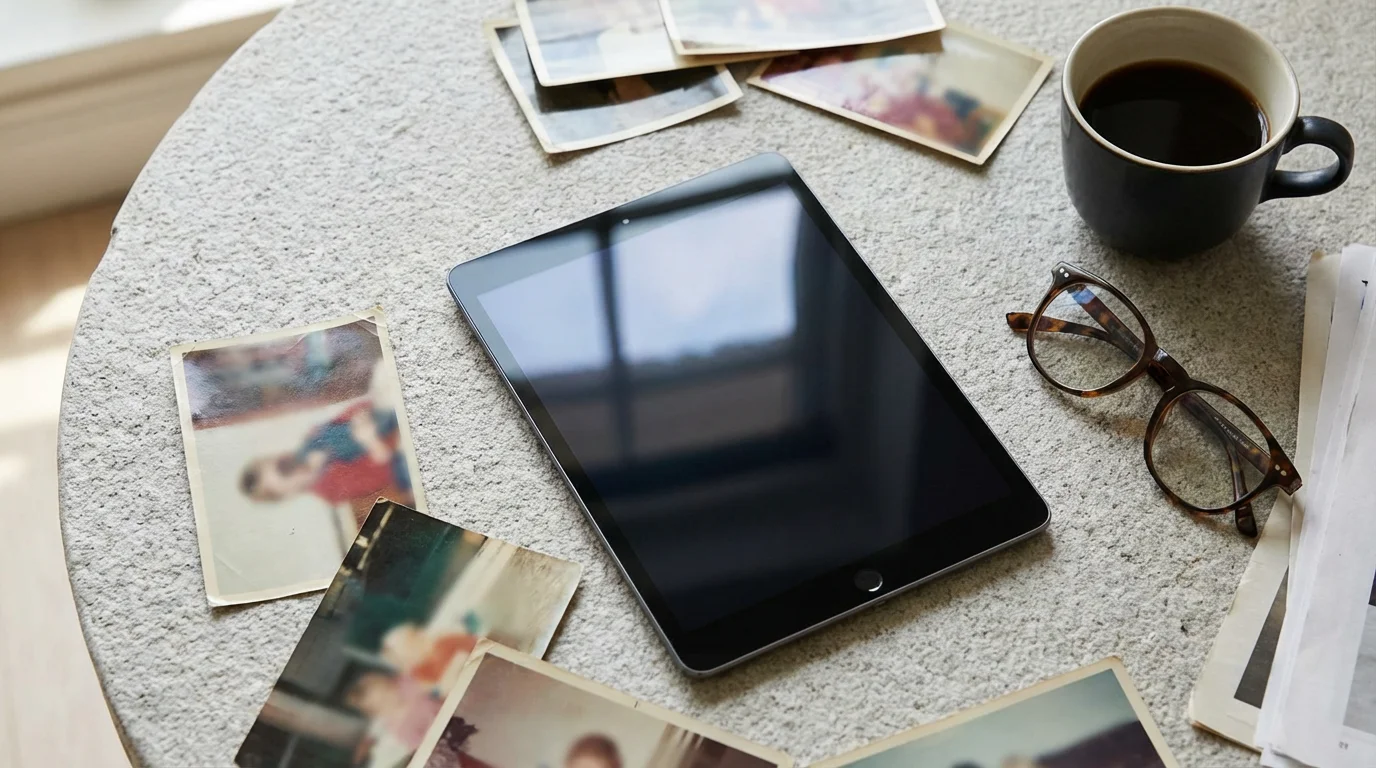 Flat lay of tablet, glasses, and scattered photos on stone table representing digital history review.