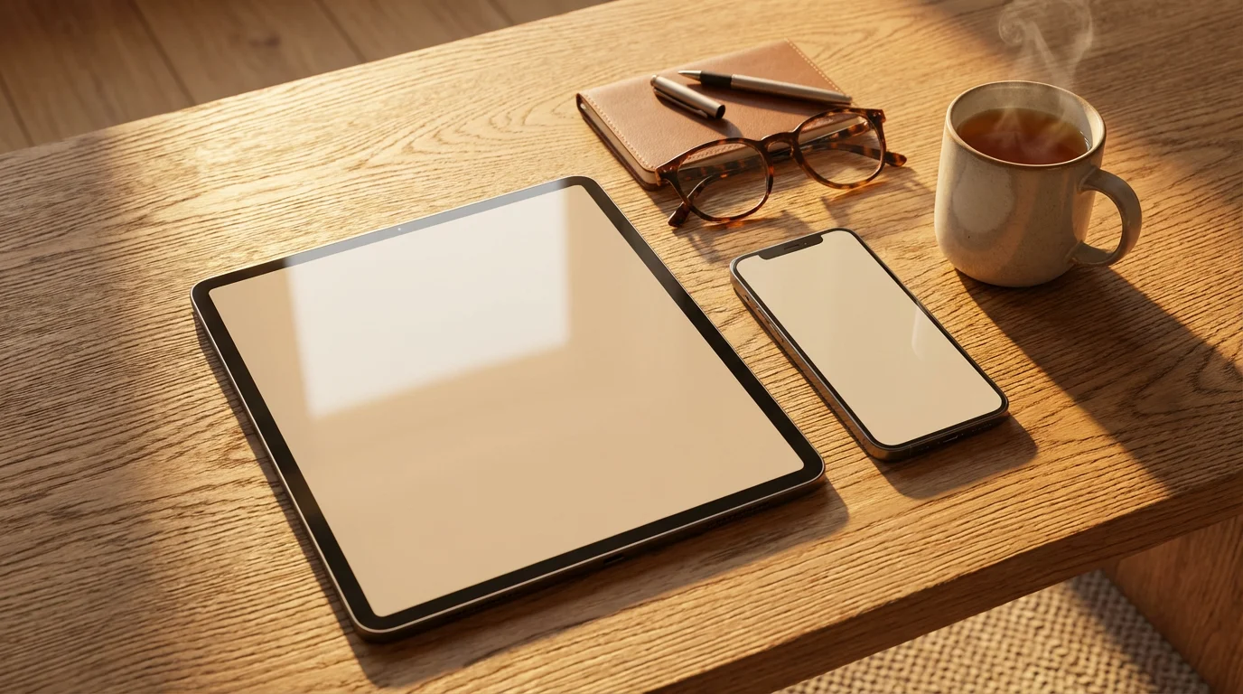 Flat lay of tablet, phone, glasses, and tea on a wooden table in sunlight.