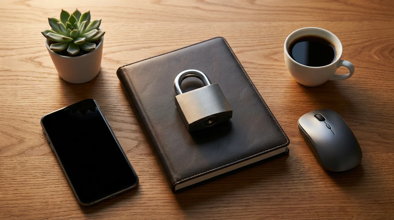 Flat lay of wooden desk with padlock, smartphone, and coffee symbolizing digital security
