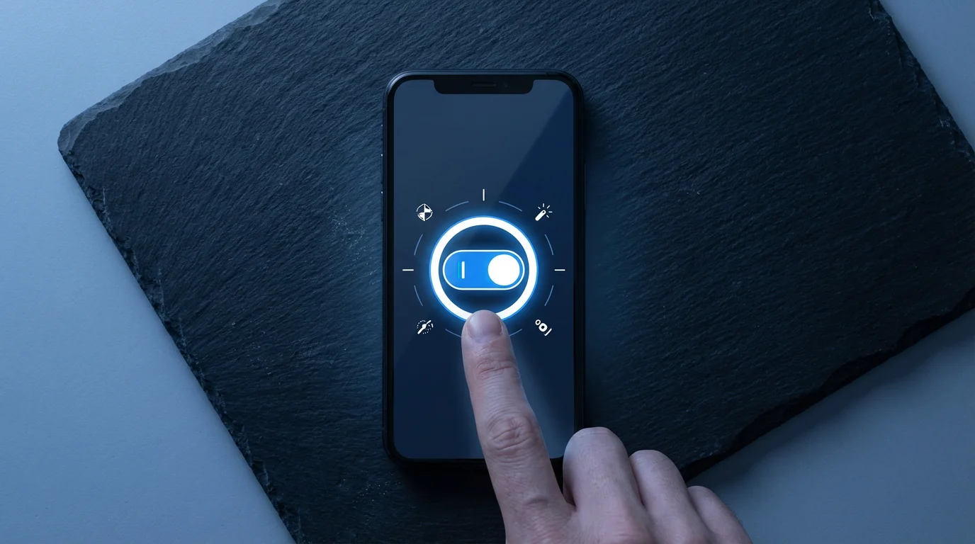 Flat lay photo of a finger activating a digital magnification shortcut toggle on a dark smartphone screen.