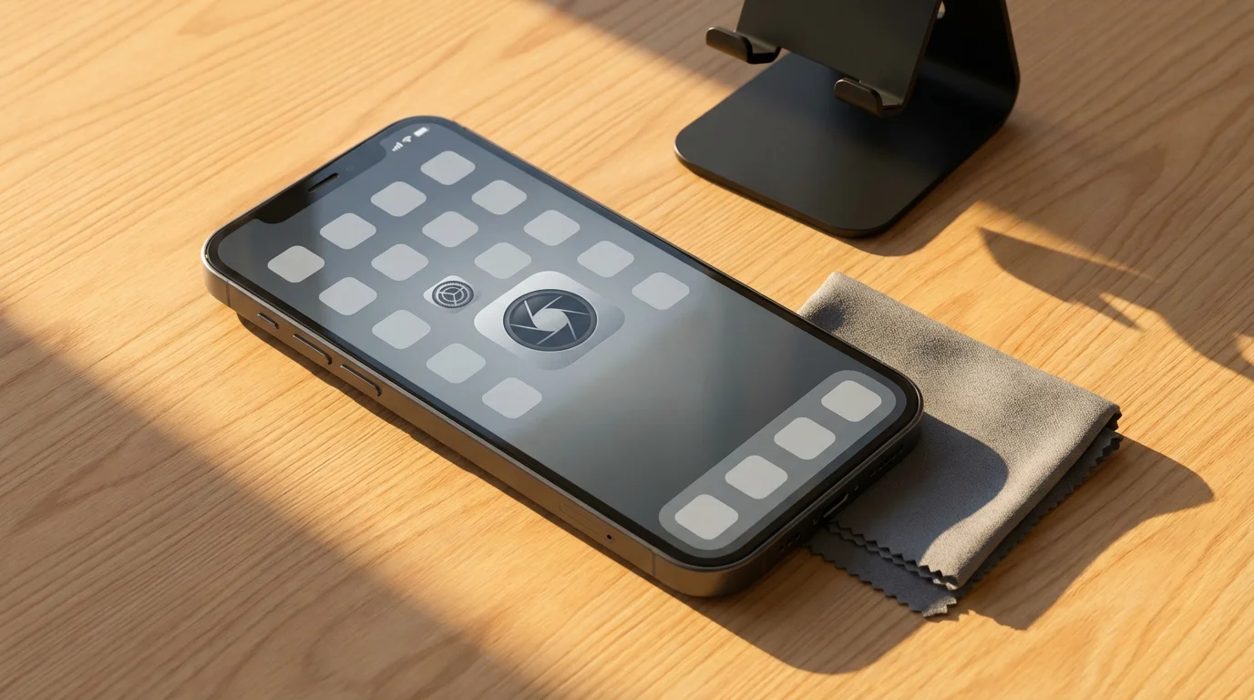 Flat lay photograph of a smartphone, lens cloth, and stand on a wooden desk in warm golden hour light.