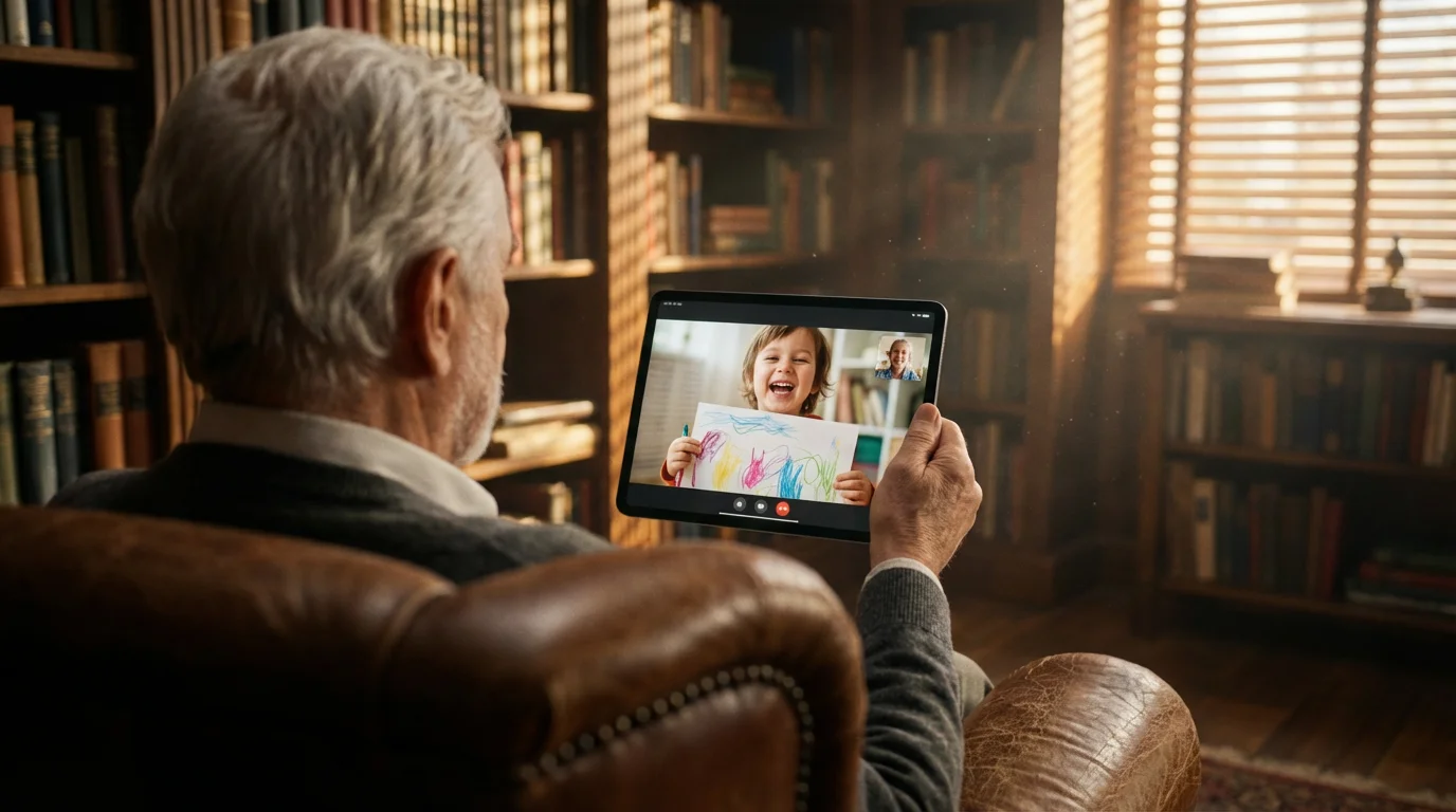 Grandfather holding tablet video chatting with smiling grandchild during late afternoon.