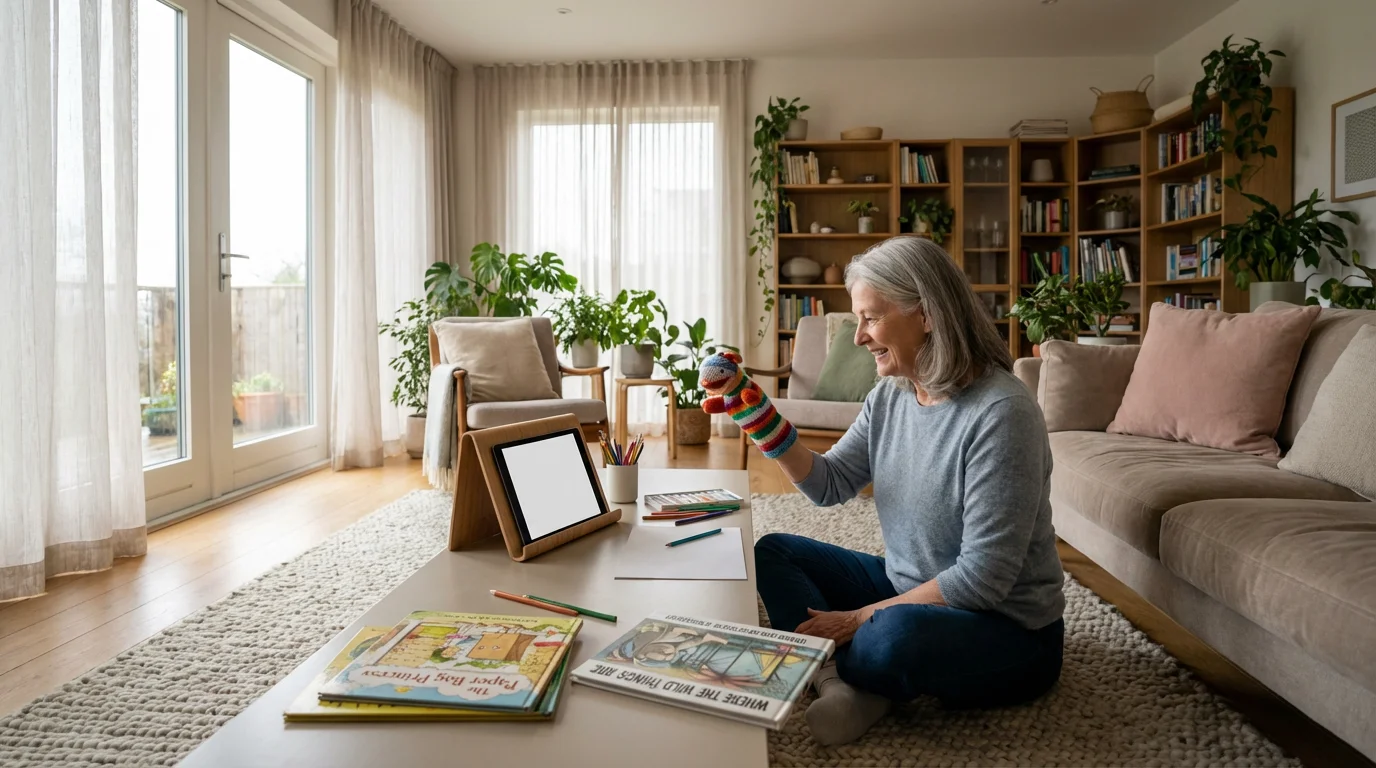 Grandmother using puppets on a video call in a bright living room.