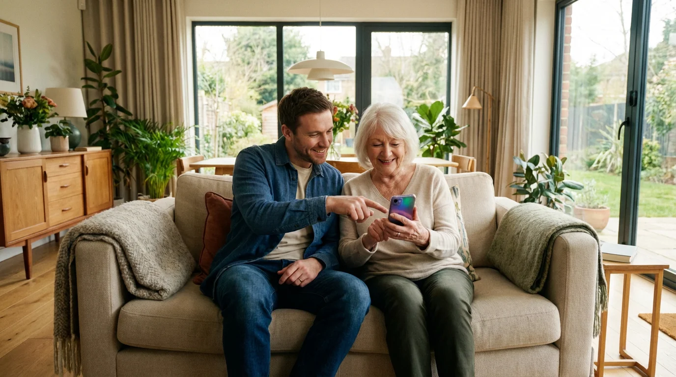 Grandson helping grandmother with smartphone features in a sunny living room wide shot