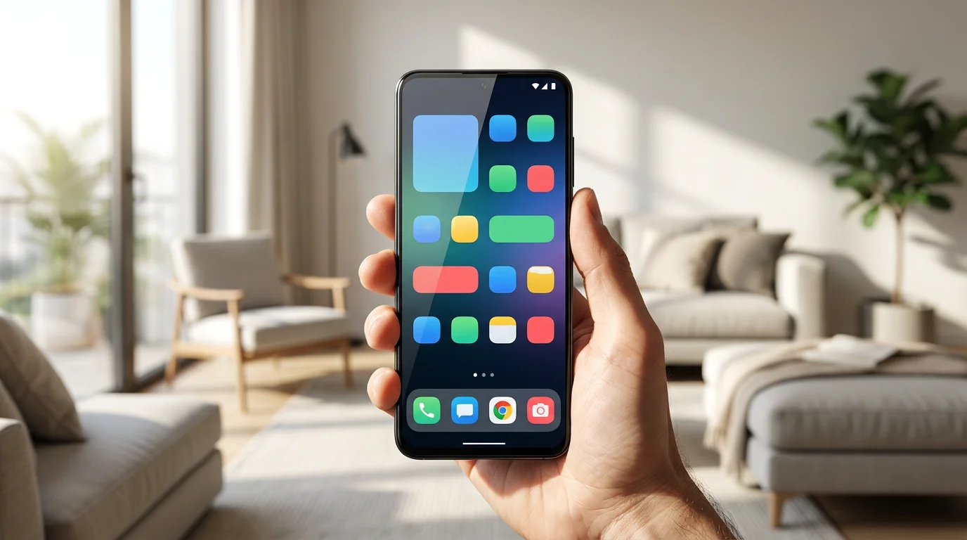 Hand holding smartphone showing generic home screen layout with icons and widgets.