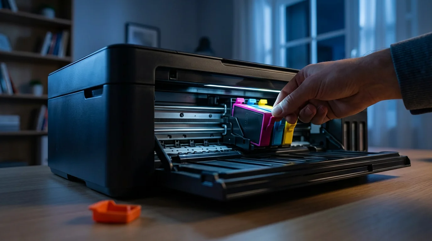 Hand inserting a magenta ink cartridge into an open printer during evening.