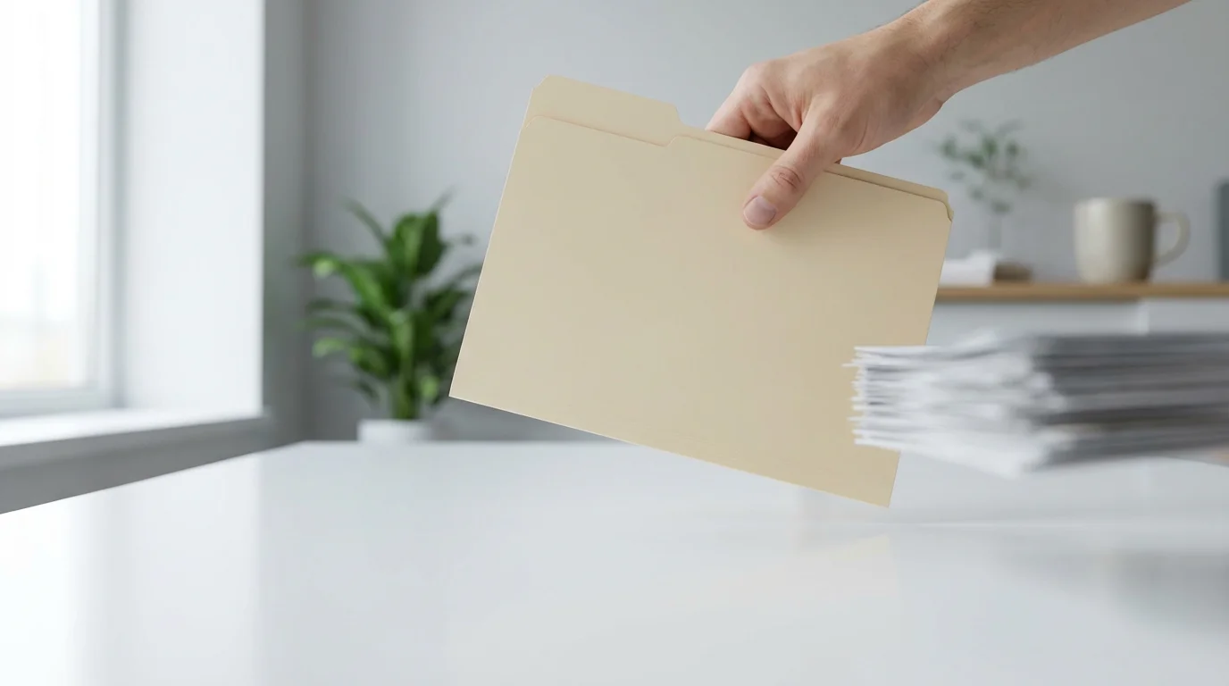 Hand moving a file folder between stacks on a desk in a bright office.