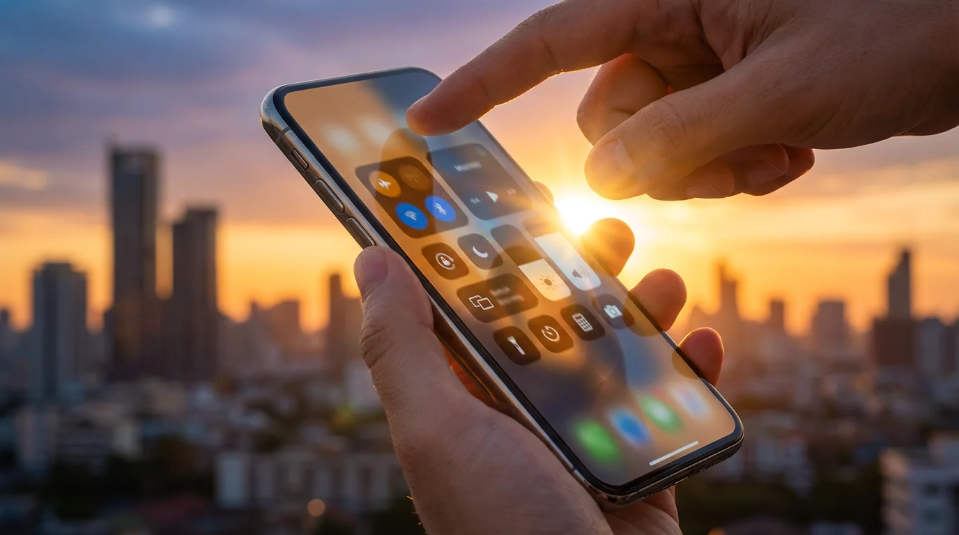 Hand swiping down on smartphone screen to access settings menu outdoors at sunset