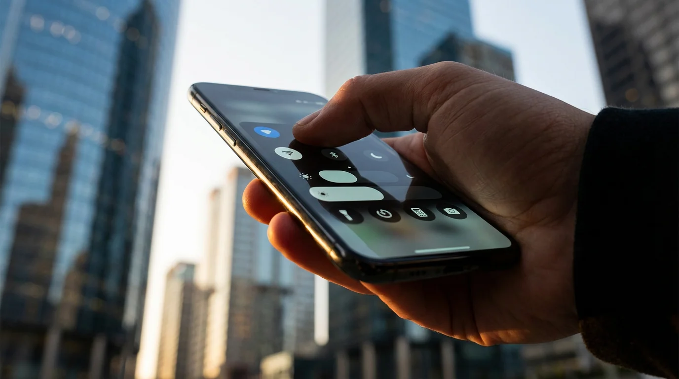 Hand swiping down on smartphone screen with abstract settings interface outdoors.