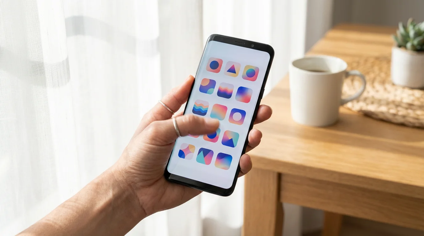 Hand swiping on a smartphone screen showing abstract app icons in morning light.