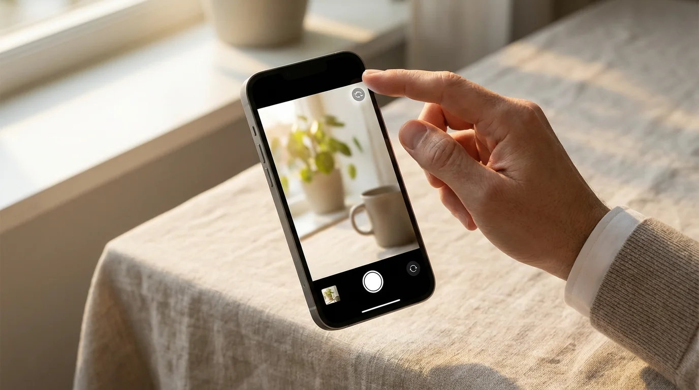 Hand tapping camera switch icon on smartphone screen in soft morning light.
