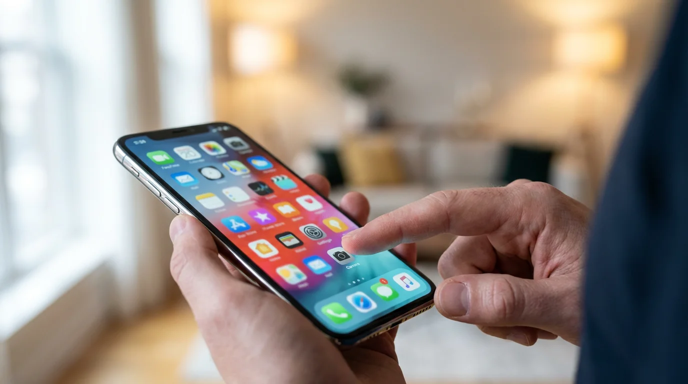 Hand tapping the camera app icon on a smartphone, seen in soft natural window light.
