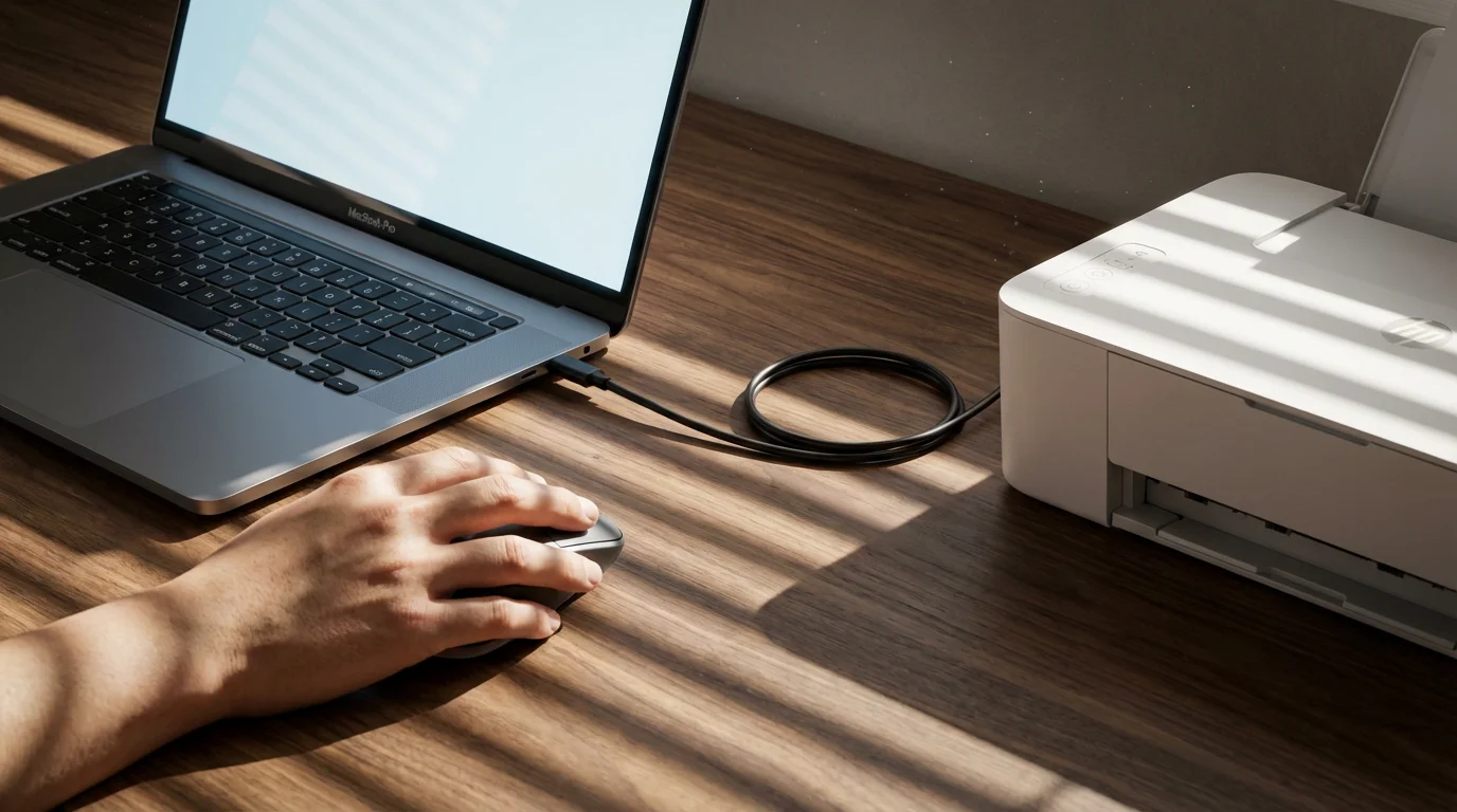 Hand using a mouse near a laptop and printer during connection setup.