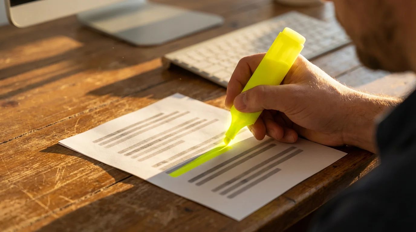 Hand using a yellow highlighter on a document with abstract lines representing text selection.