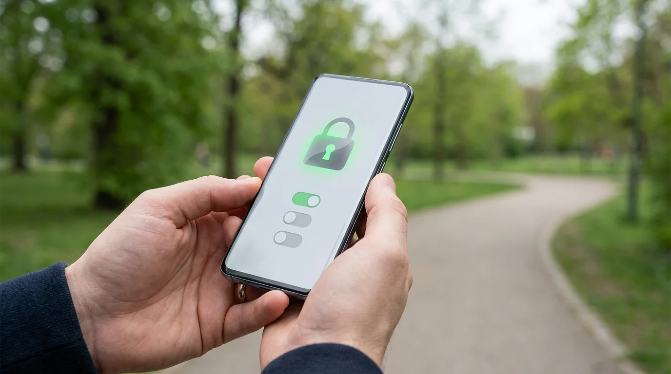 Hands adjusting abstract privacy toggle switches on a smartphone screen outdoors.
