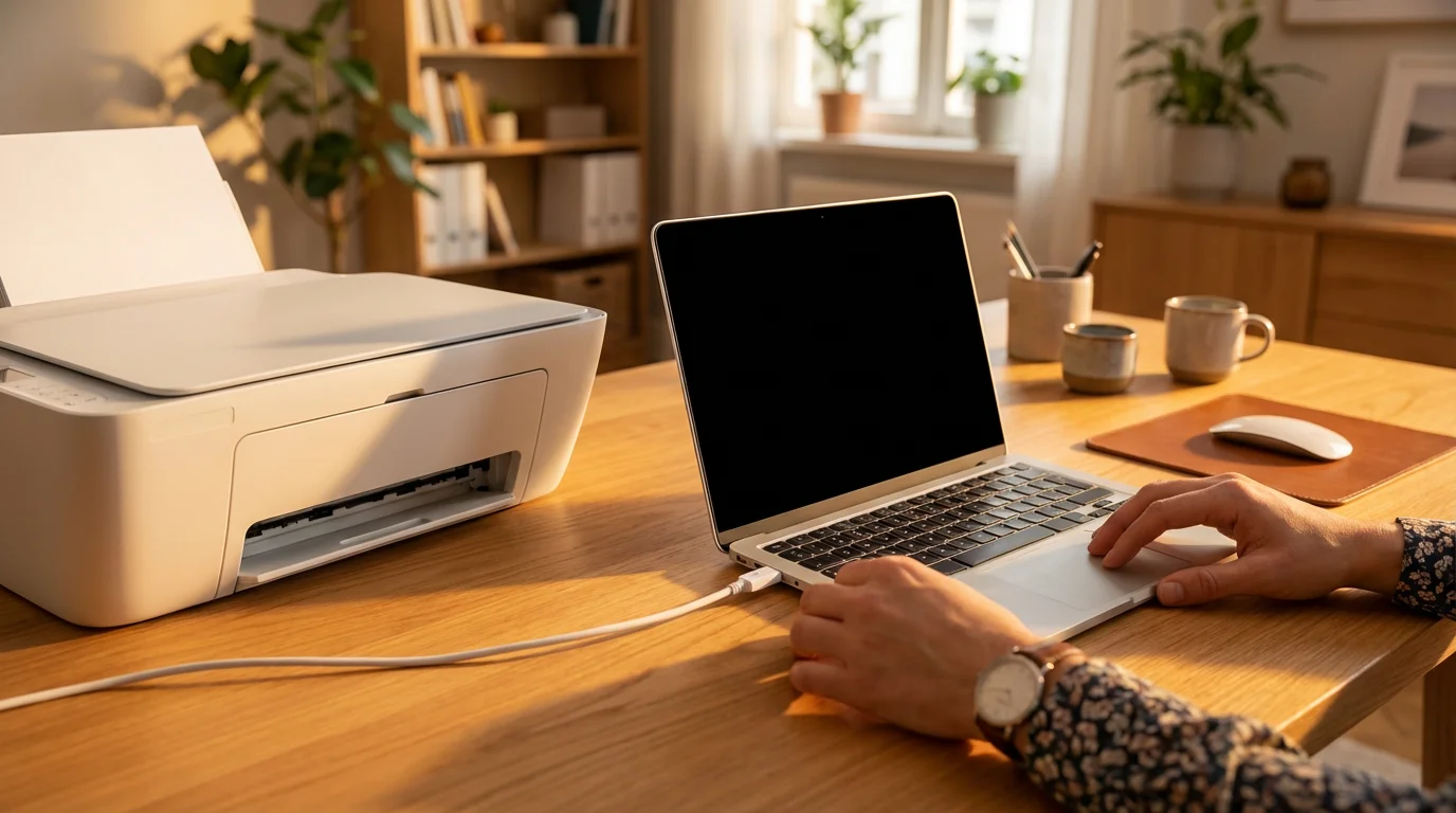 Hands connecting a USB cable between a printer and laptop on a sunny desk.