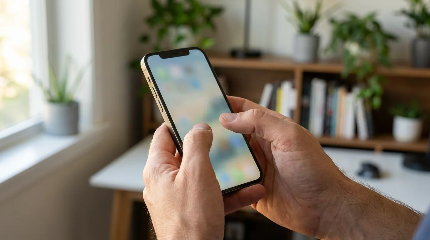 Hands holding a smartphone to save a new contact in a bright home office.