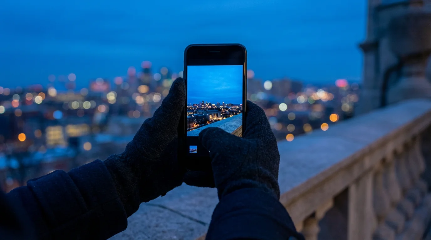 Hands holding a smartphone vertically, composing a photo of a city skyline at blue hour.