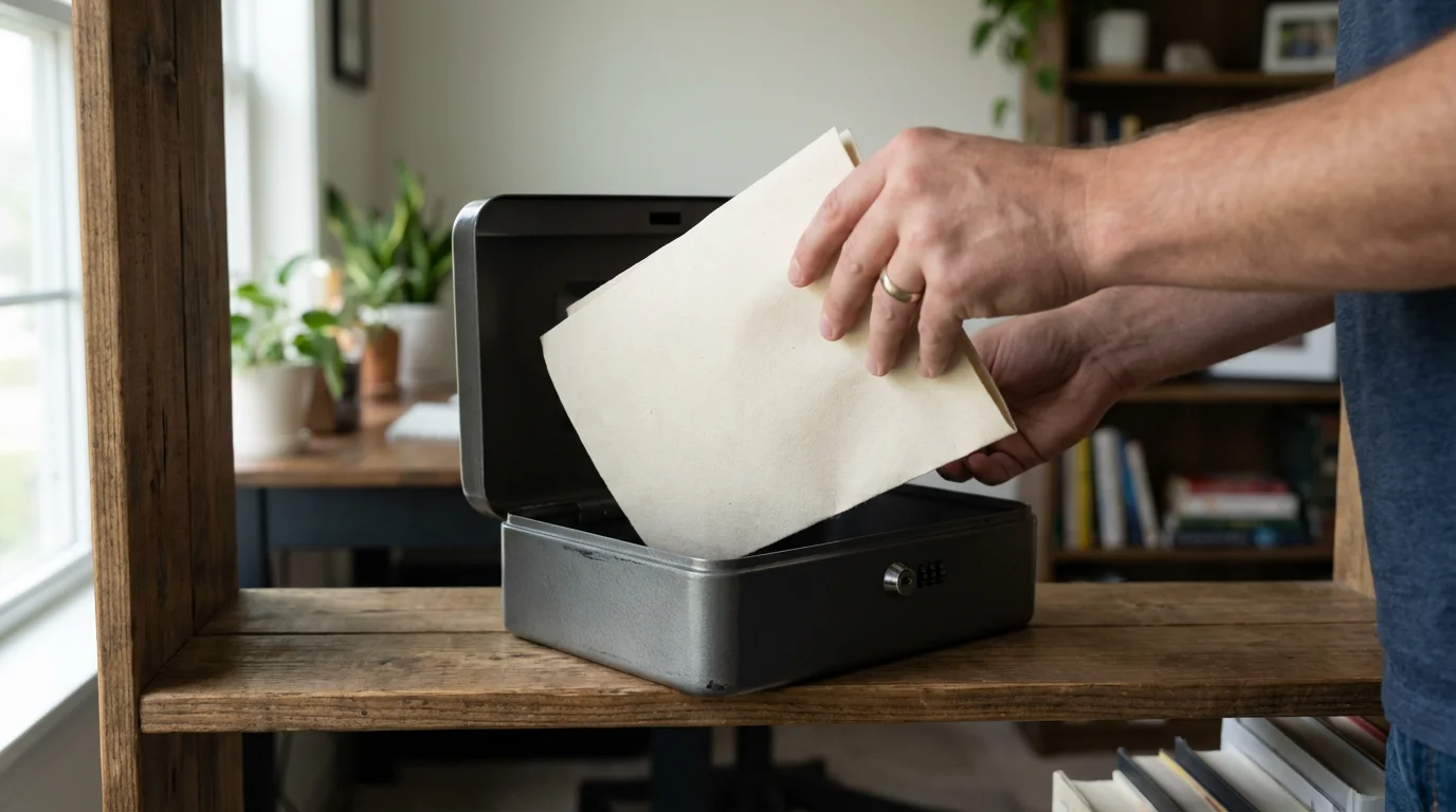 Hands placing a folded document into a secure metal lockbox in a home office.