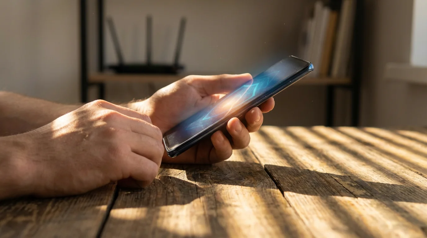 Hands typing on smartphone over wooden desk with dramatic afternoon shadows.