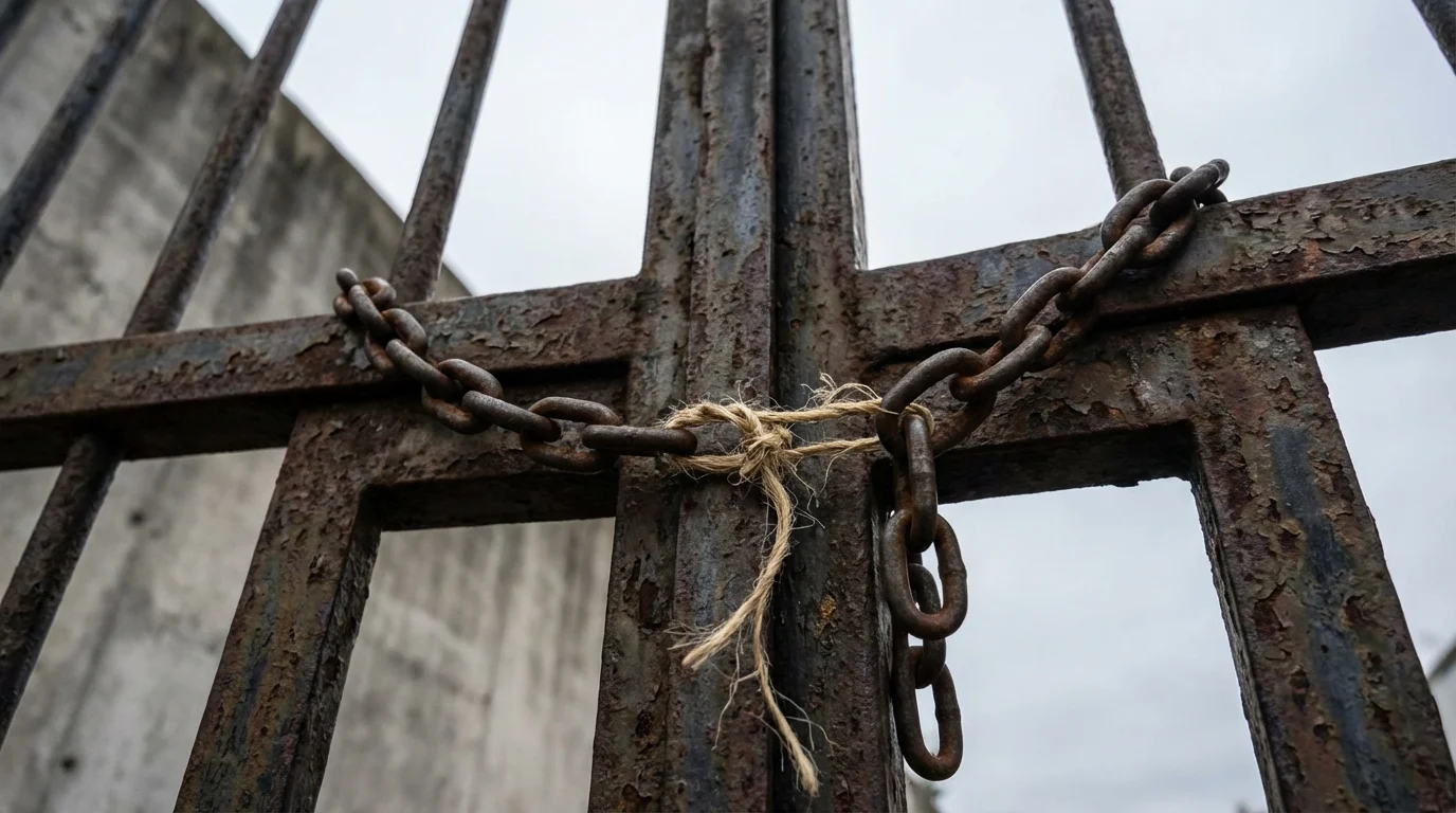 Heavy metal chain secured by a weak piece of string representing poor password security