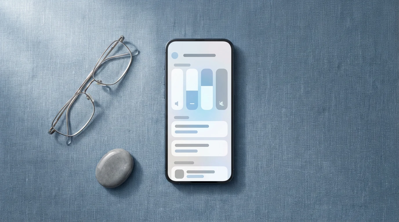 High angle flat lay of a smartphone displaying large accessibility settings next to reading glasses.