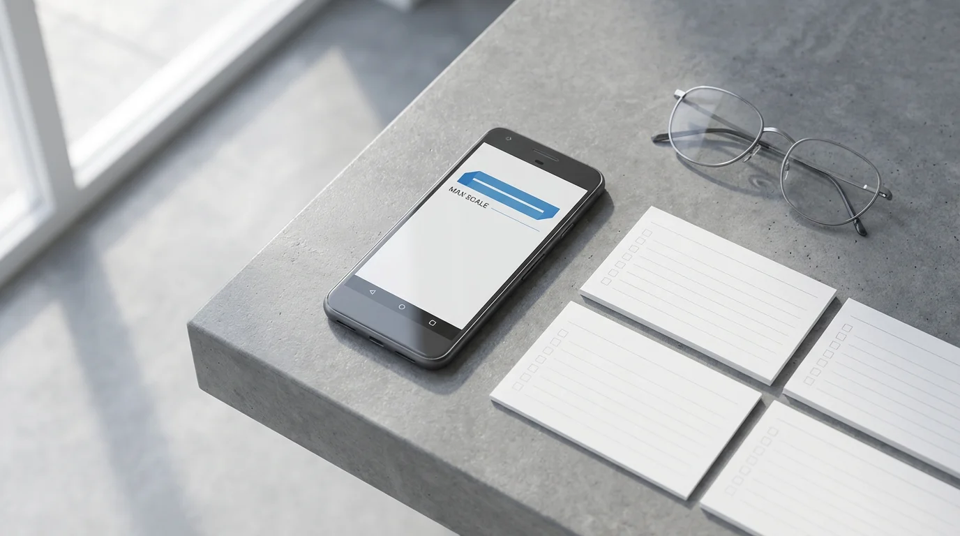 High angle flat lay of a smartphone, reading glasses, and blank checklist cards on a gray table.