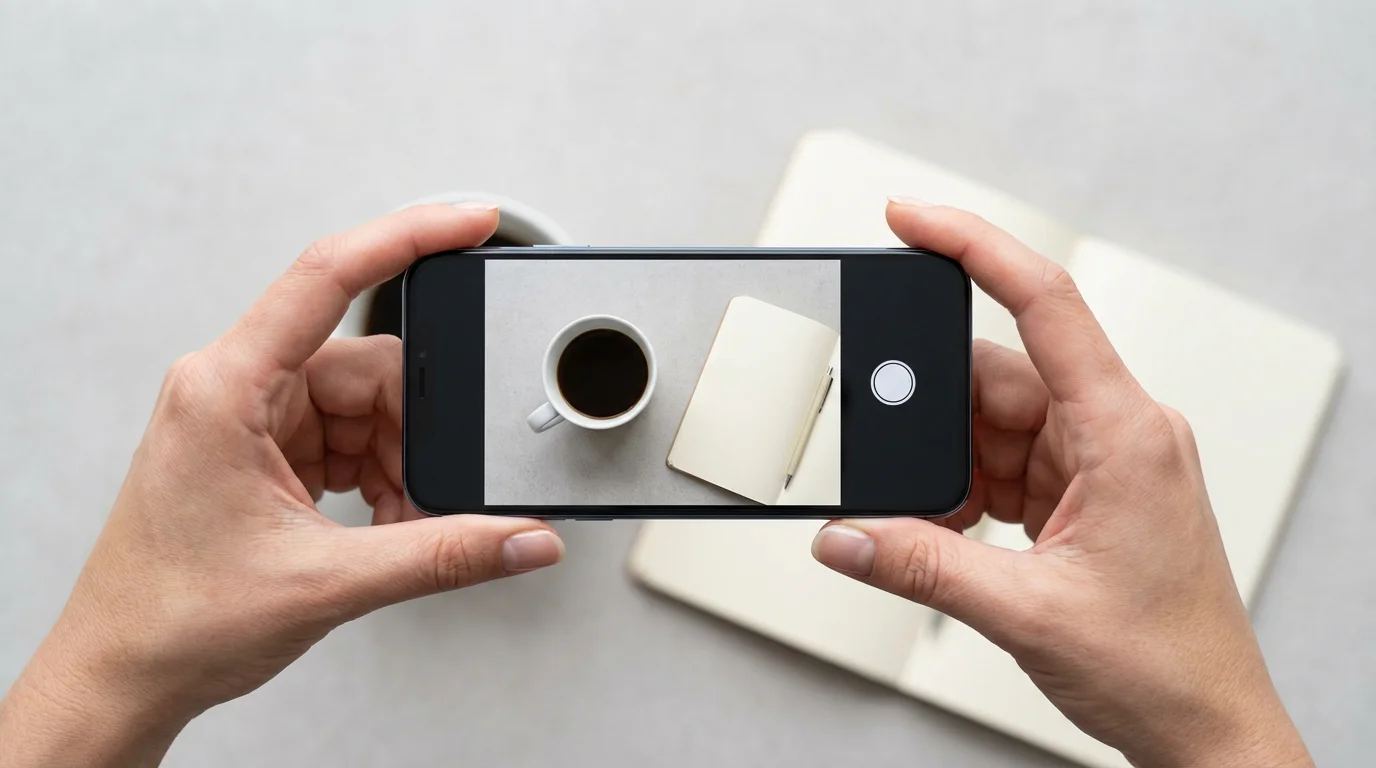 High-angle flat lay photograph of hands holding a smartphone, composing a shot of a coffee mug and notebook.