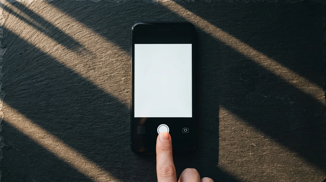 High angle flat lay showing a finger tapping the smartphone camera shutter button in dramatic afternoon light.