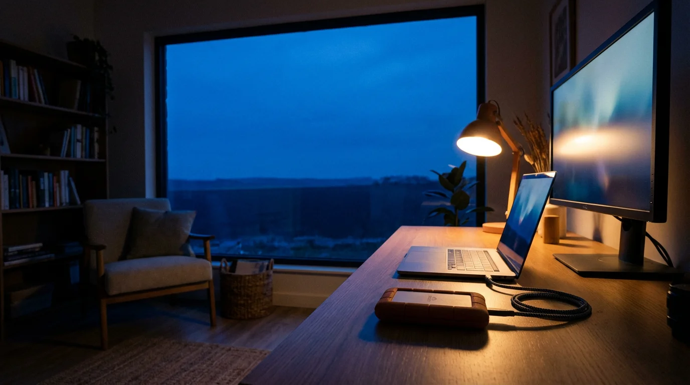 Home office desk with computer and external hard drive during evening blue hour.