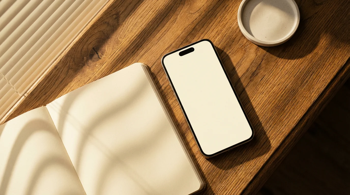 iPhone on wooden desk next to open notebook with warm afternoon shadows.