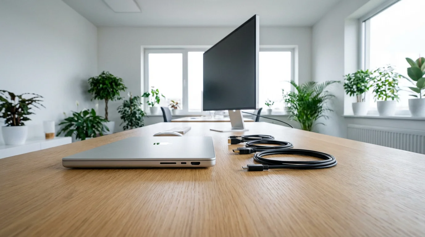 Laptop and assorted display cables laid out on a modern wooden desk for setup.