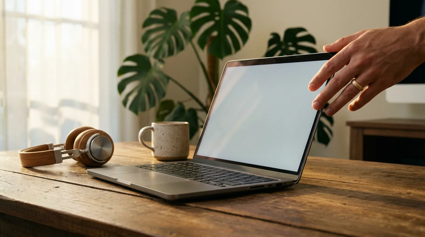 Laptop and headphones arranged on a desk in soft morning light for a video call.