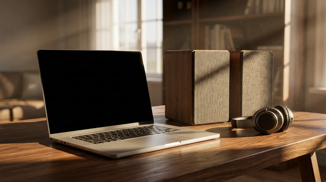 Laptop and high-quality audio speakers on a wooden desk in dramatic afternoon sunlight.