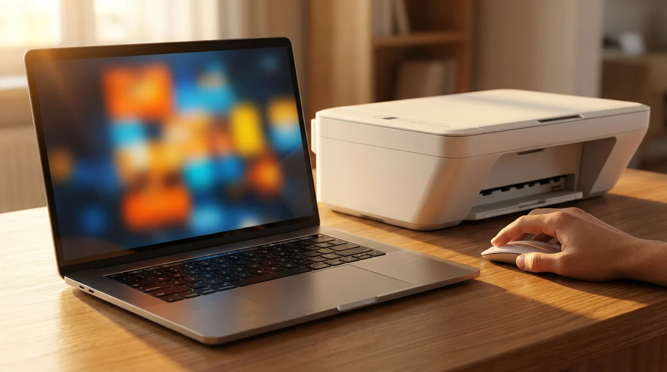 Laptop and printer on a desk in warm golden hour sunlight.