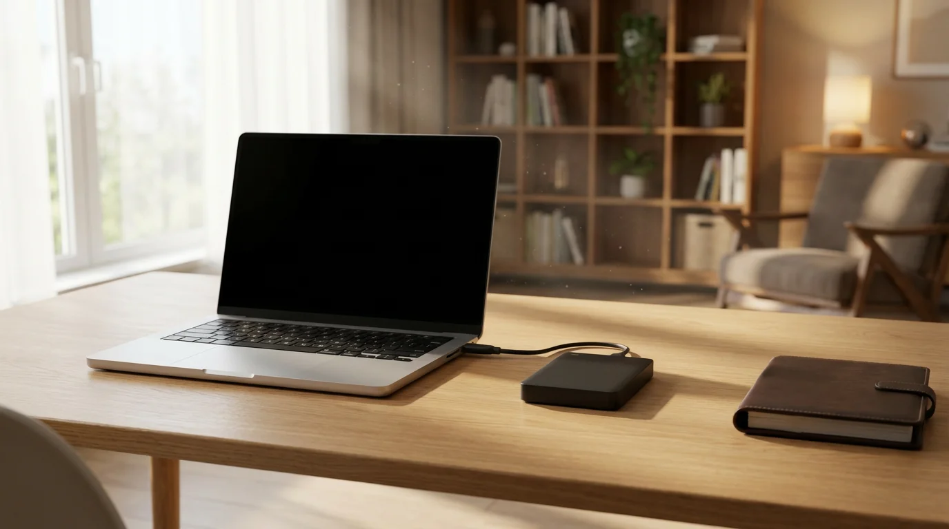 Laptop connected to external hard drive on a wooden desk in a bright home office