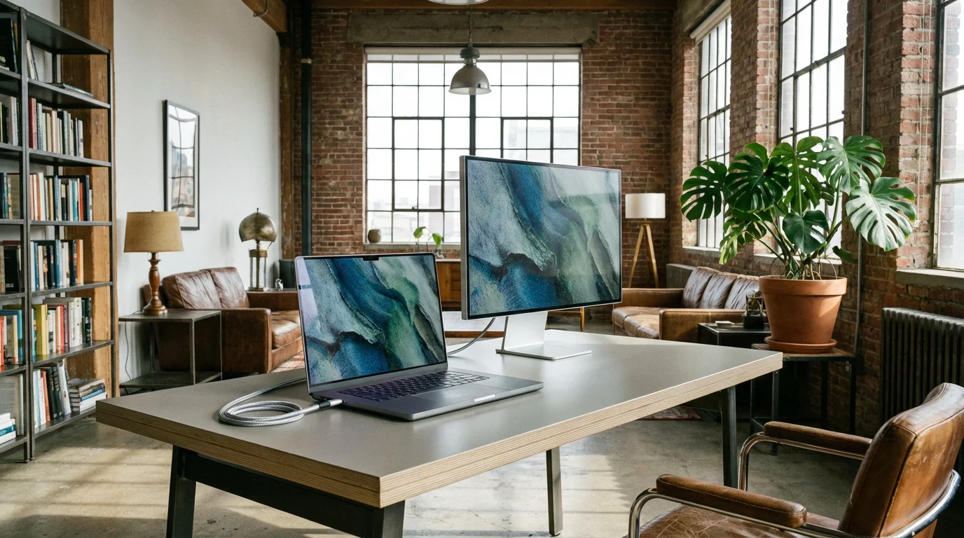 Laptop connected to external monitor on a desk in a bright industrial loft office.