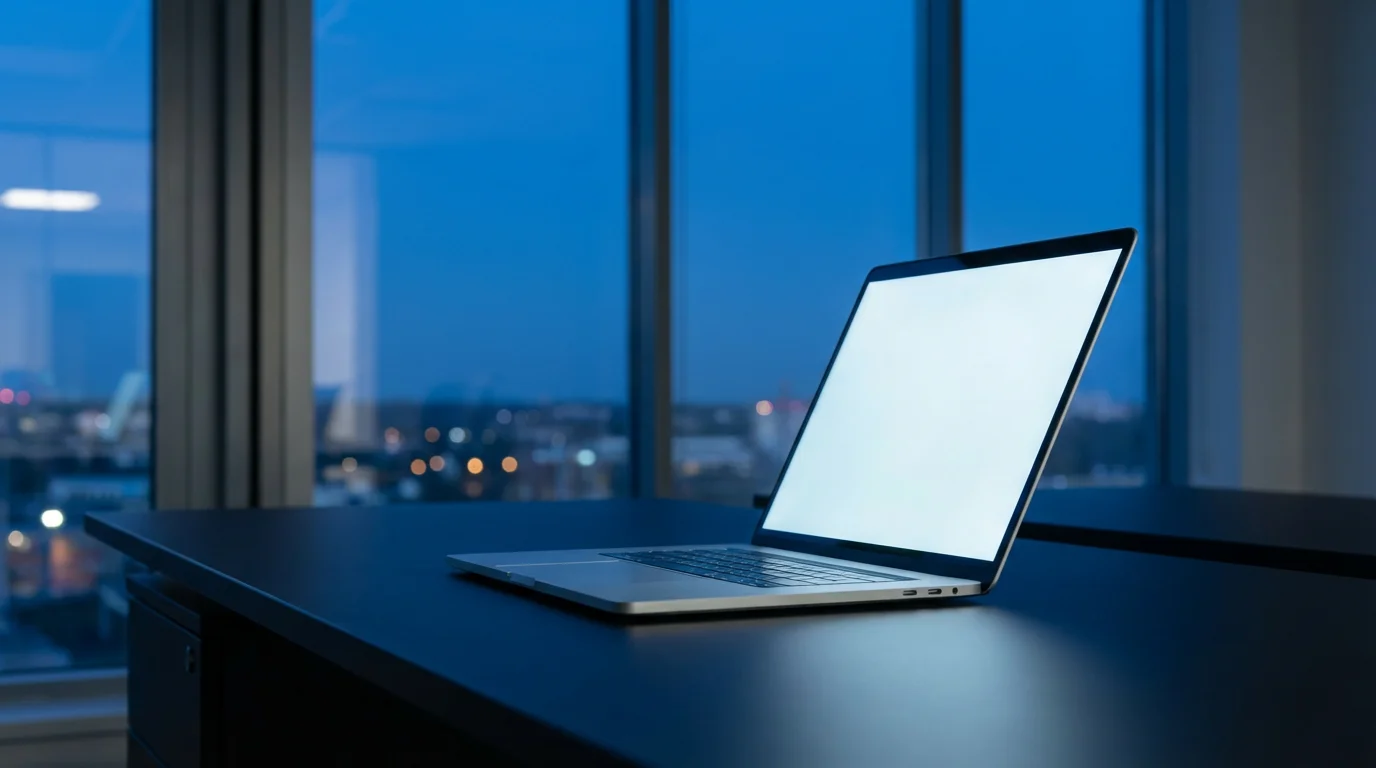 Laptop on desk in dimly lit room with blue twilight window background