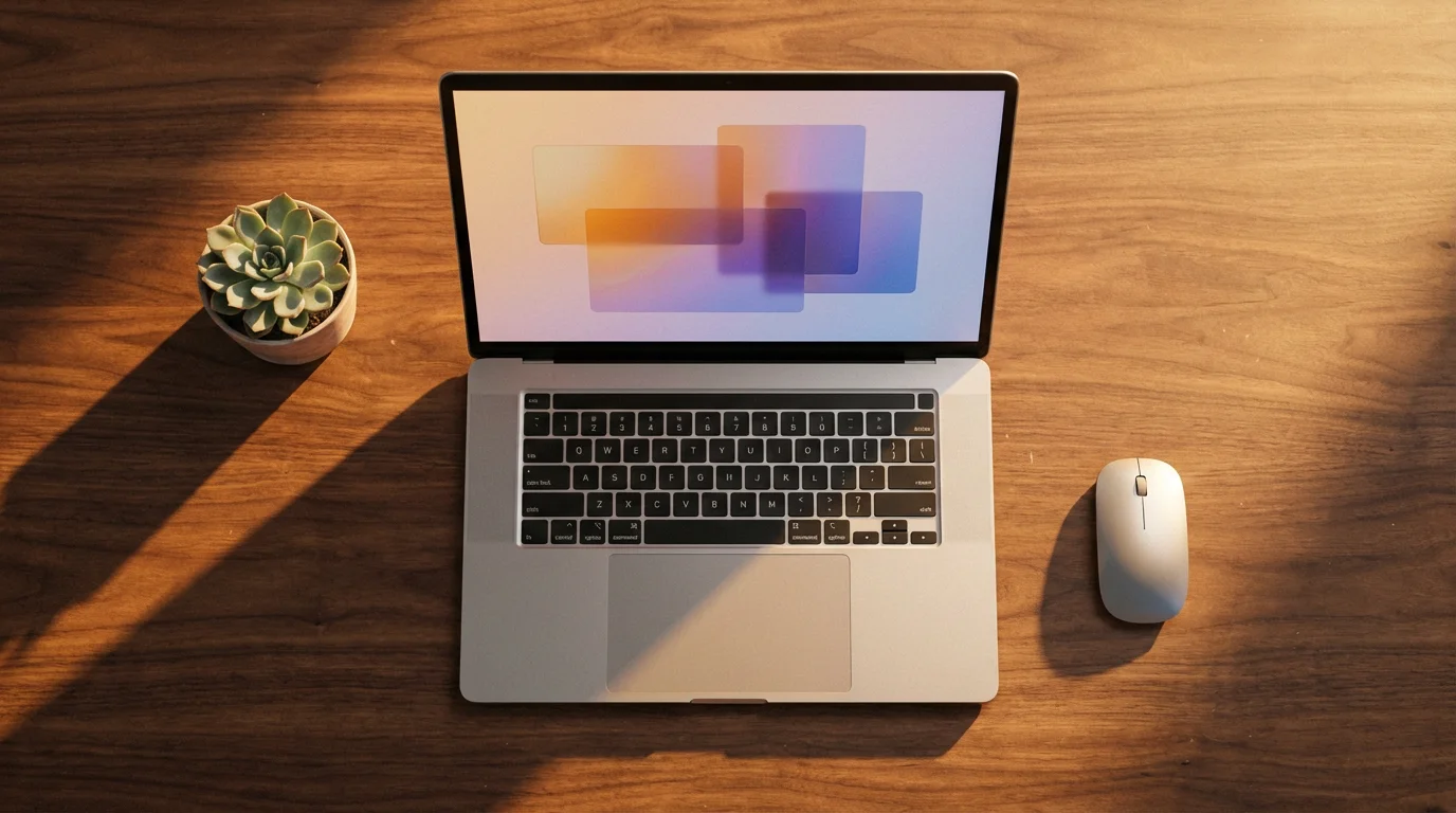 Laptop on wooden desk showing abstract multitasking windows in warm golden sunlight.