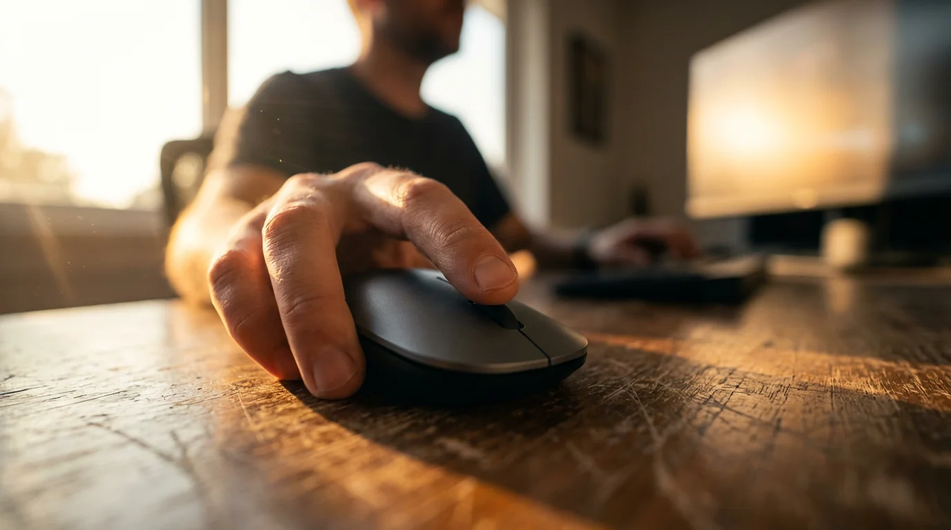 Low angle close-up of a hand clicking a mouse on a desk during golden hour.
