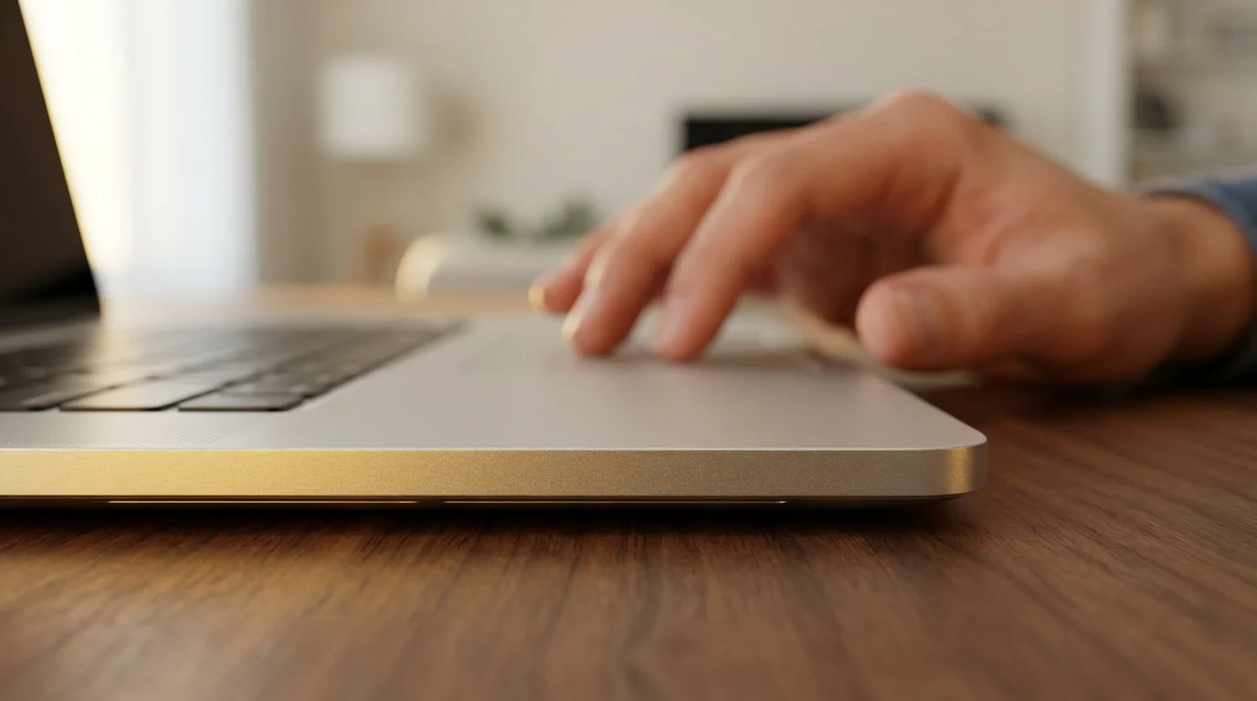 Low angle close-up of a hand using a laptop trackpad on a wooden desk