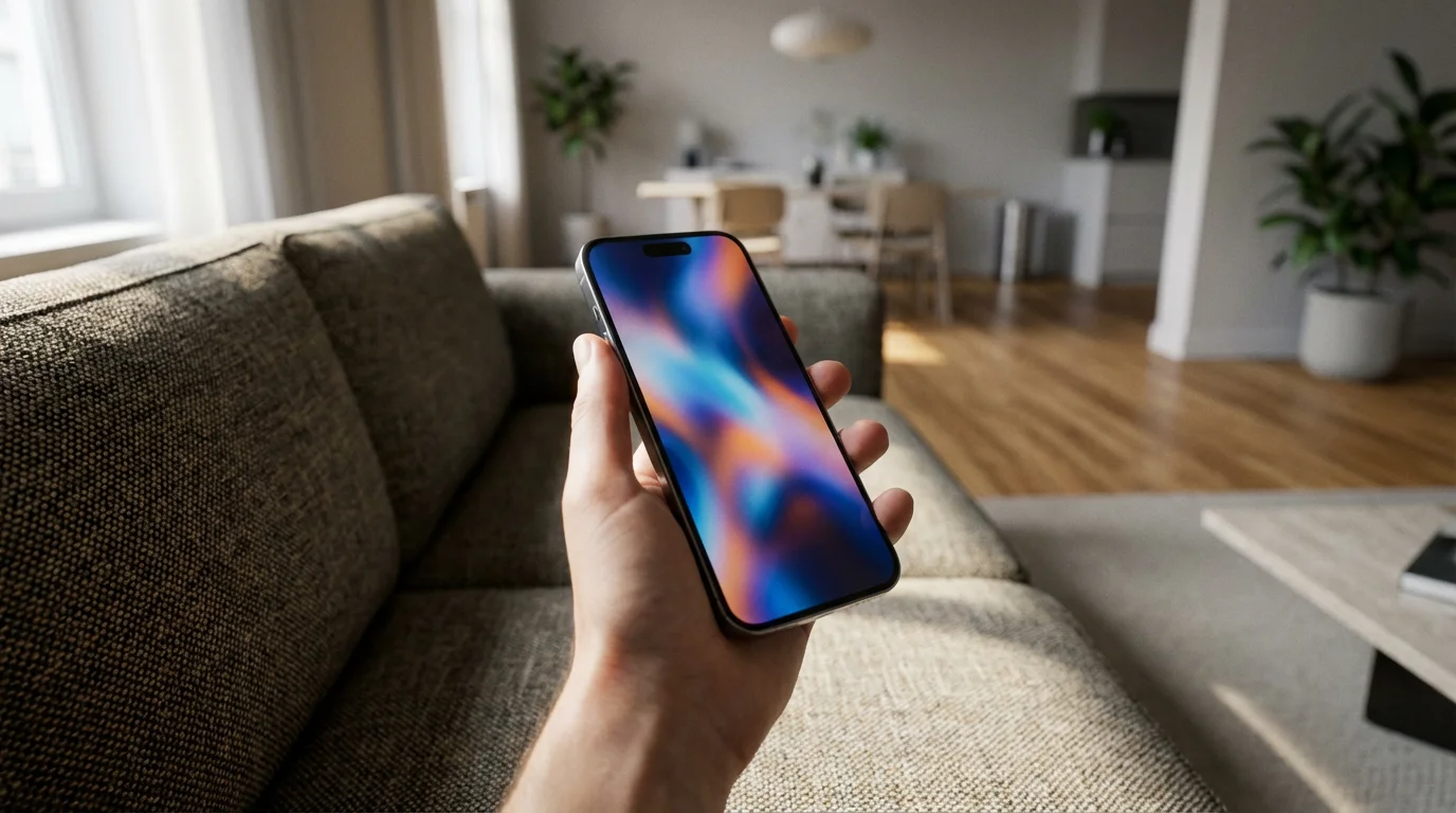 Low angle close-up of a person using a smartphone in a sunlit living room