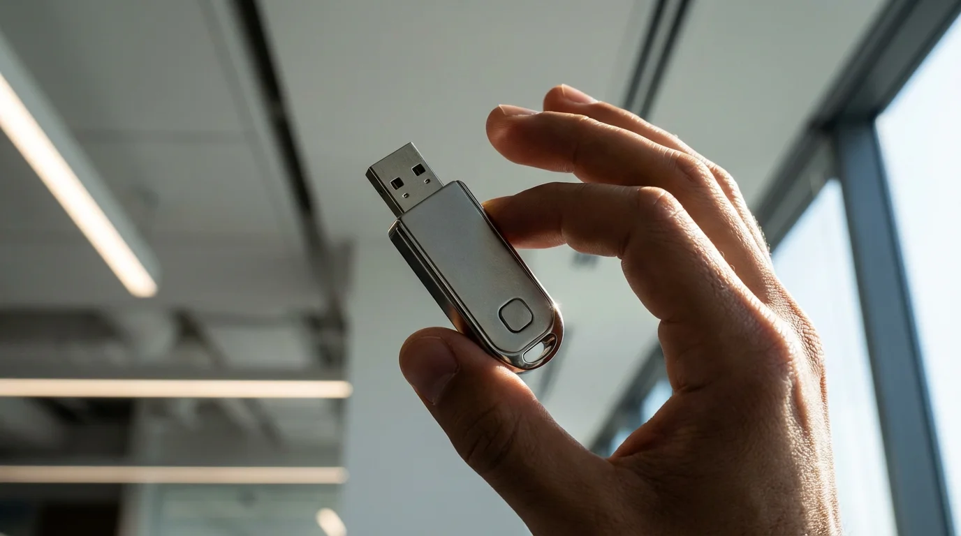 Low angle close-up of hand holding a USB security key for two-factor authentication.