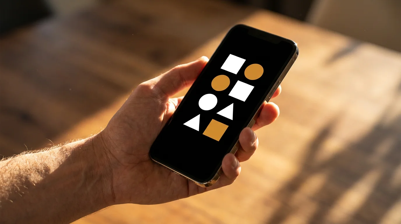 Low angle photo of a hand holding a phone displaying abstract, high-contrast accessibility settings.