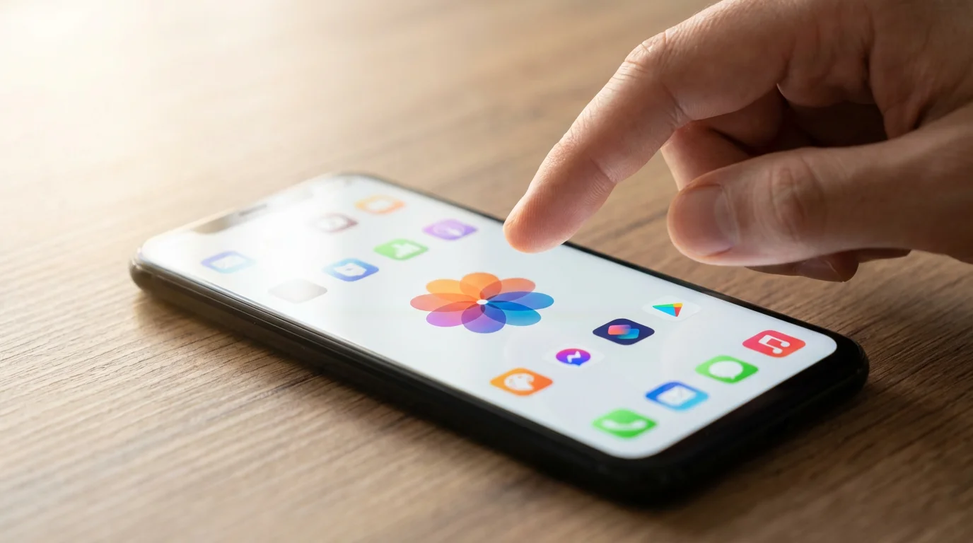 Low angle photo of a hand preparing to tap a generic photo gallery icon on a smartphone screen.